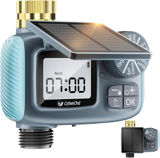 Computer de irigatii solar CyberOrd, temporizator automat cu afisaj LCD, programare zilnica/saptamanala, intarziere ploaie 24/48/72h, mod manual si automat, incarcare USB-C, pentru gradina si gazon