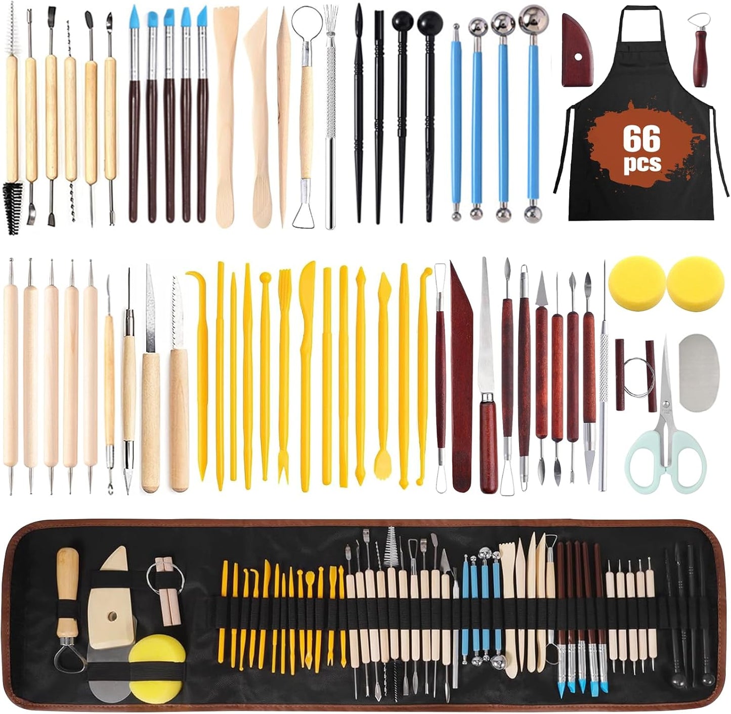 Set unelte de modelaj 66 piese pentru sculptura si ceramica, kit complet DIY pentru lut polimeric, sculptura, olarit si decor, unelte lemn + metal + silicon, geanta depozitare si sort incluse, pentru incepatori si profesionisti