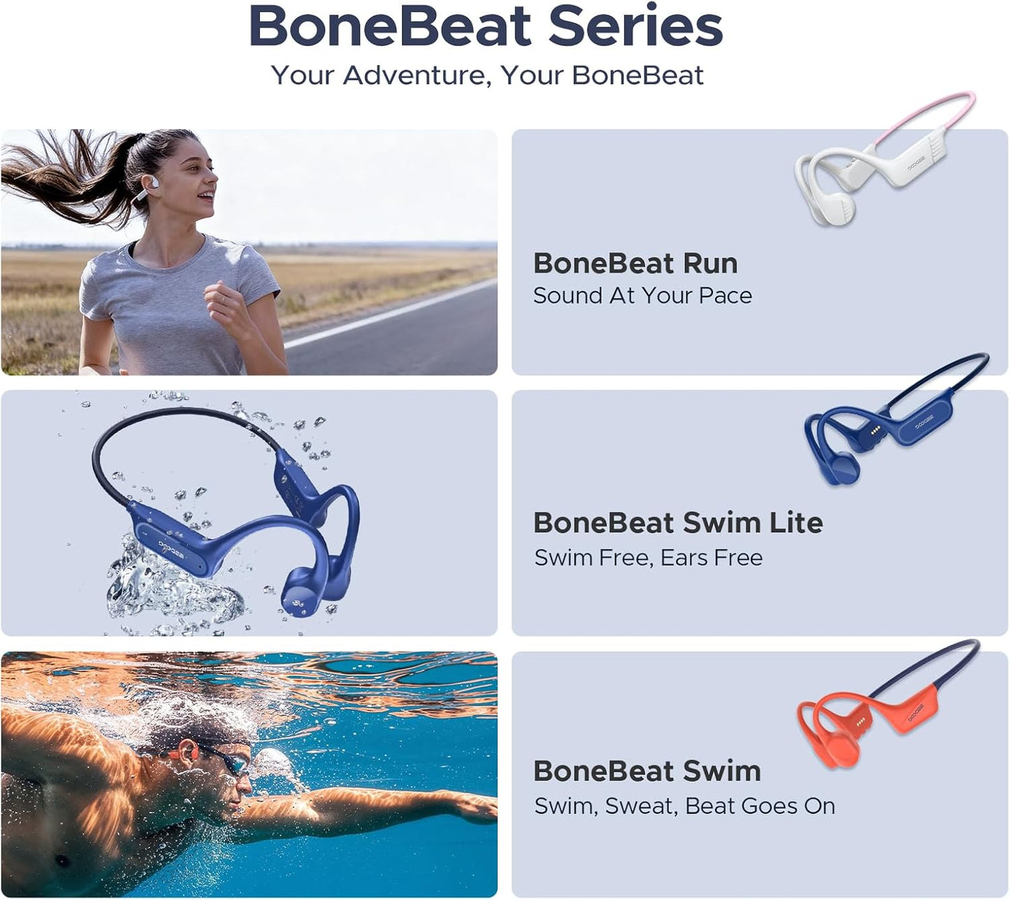 Casti Wireless Doogee Bone Sound, Bluetooth 5.4, IP68, 32GB, MP3 integrat, Open-Ear, mod dublu Bluetooth/MP3, pentru ciclism, fitness sau inot, gri inchis