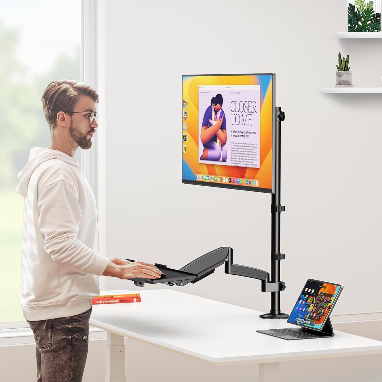 Suport monitor cu raft pentru tastatură - pentru suport monitor cu arc pe gaz de 17-32 inch, până la 9 kg,