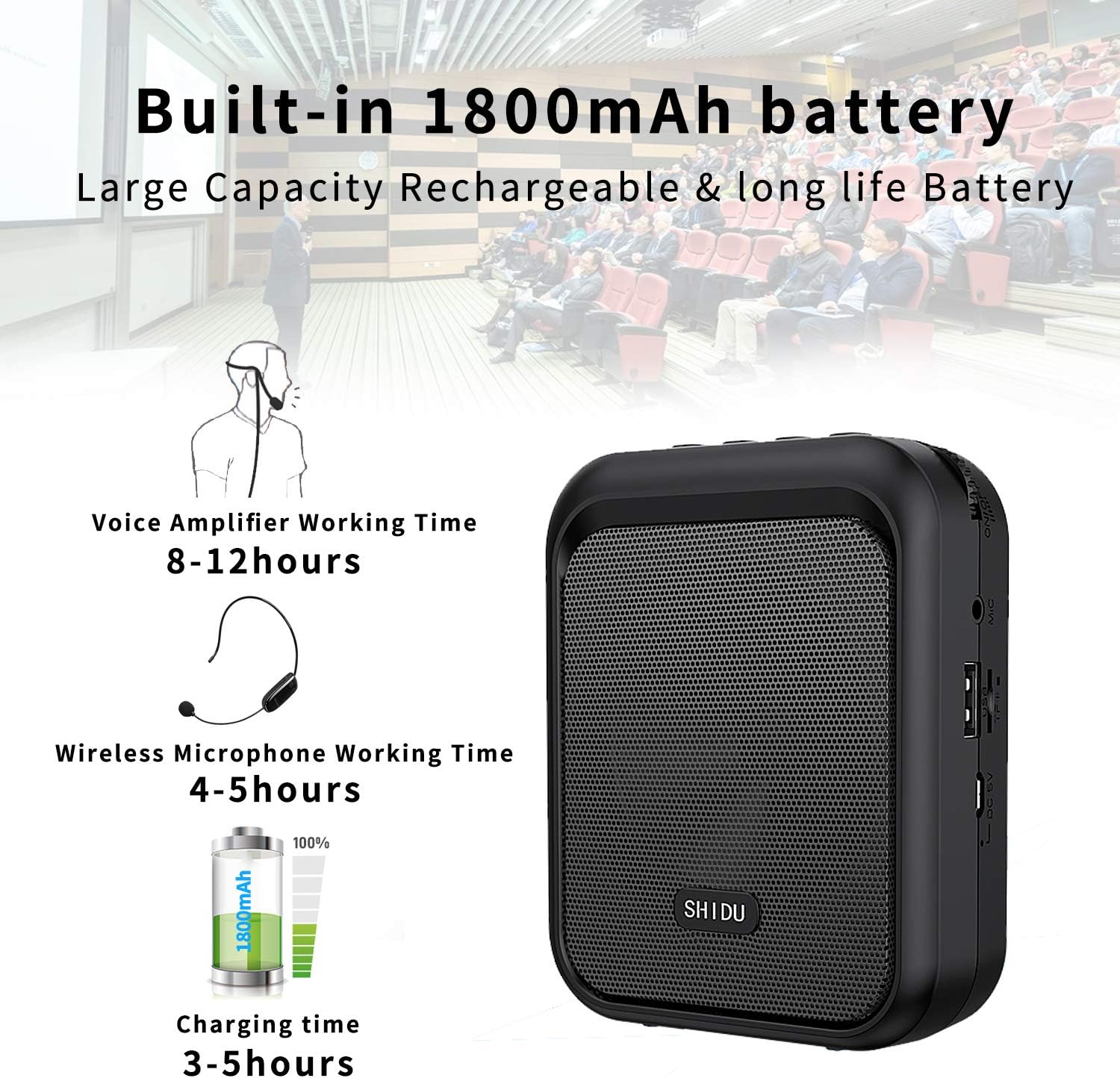 Amplificator de voce cu microfon wireless, Megafon portavoce Bluetooth portabil, baterie 1800mAh, slot card, pentru profesori, ghid turistic, antrenor