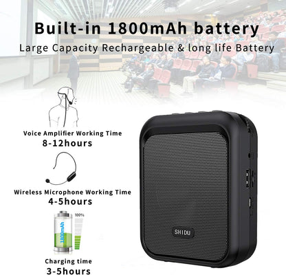 Amplificator de voce cu microfon wireless, Megafon portavoce Bluetooth portabil, baterie 1800mAh, slot card, pentru profesori, ghid turistic, antrenor