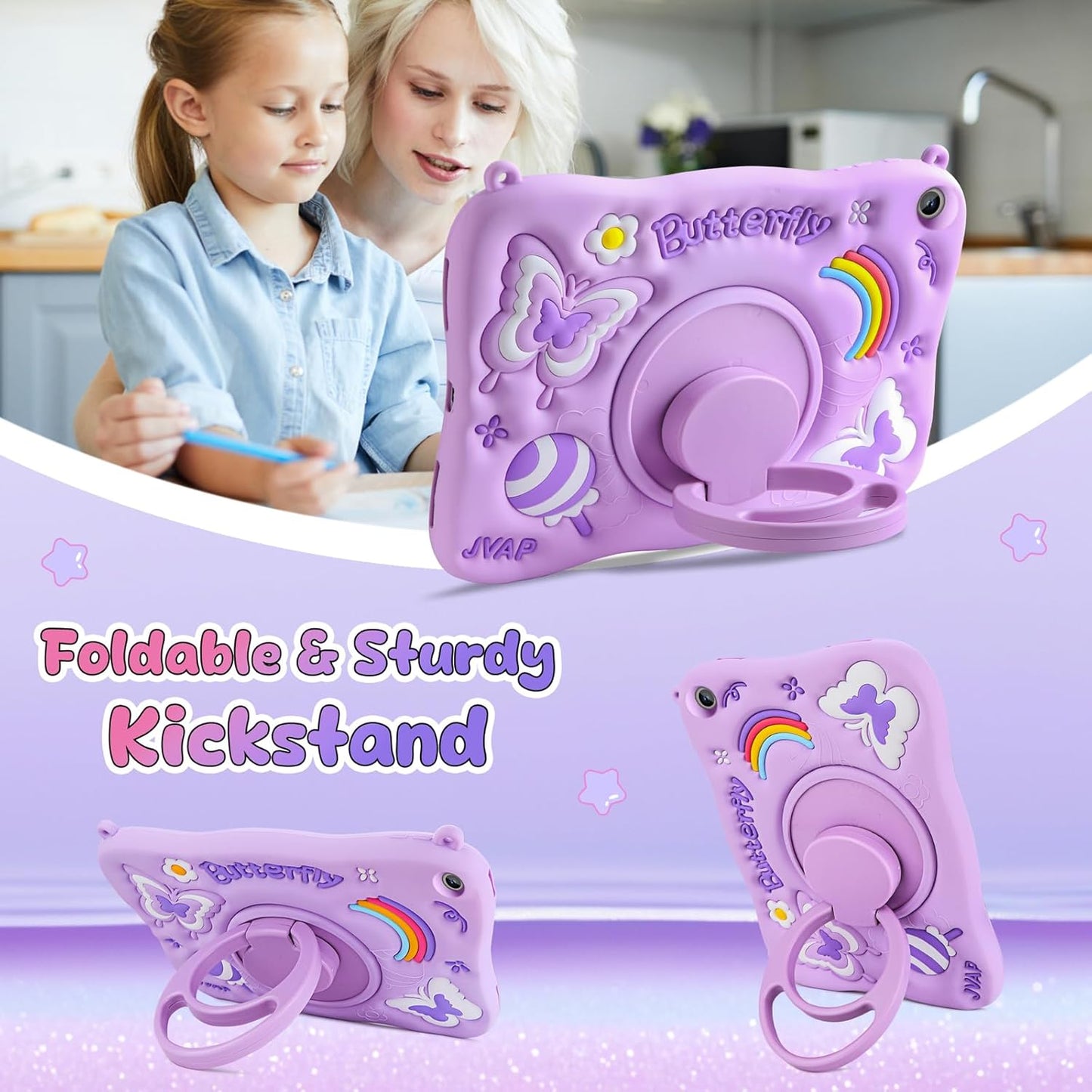 Husa compatibila Samsung Galaxy Tab A9 Plus 11 inch 2023, (SM-X210/X216/X218), suport tip stand rotativ la 360°, curea de umar, din silicon, model fluture, mov, nu include folie de protectie
