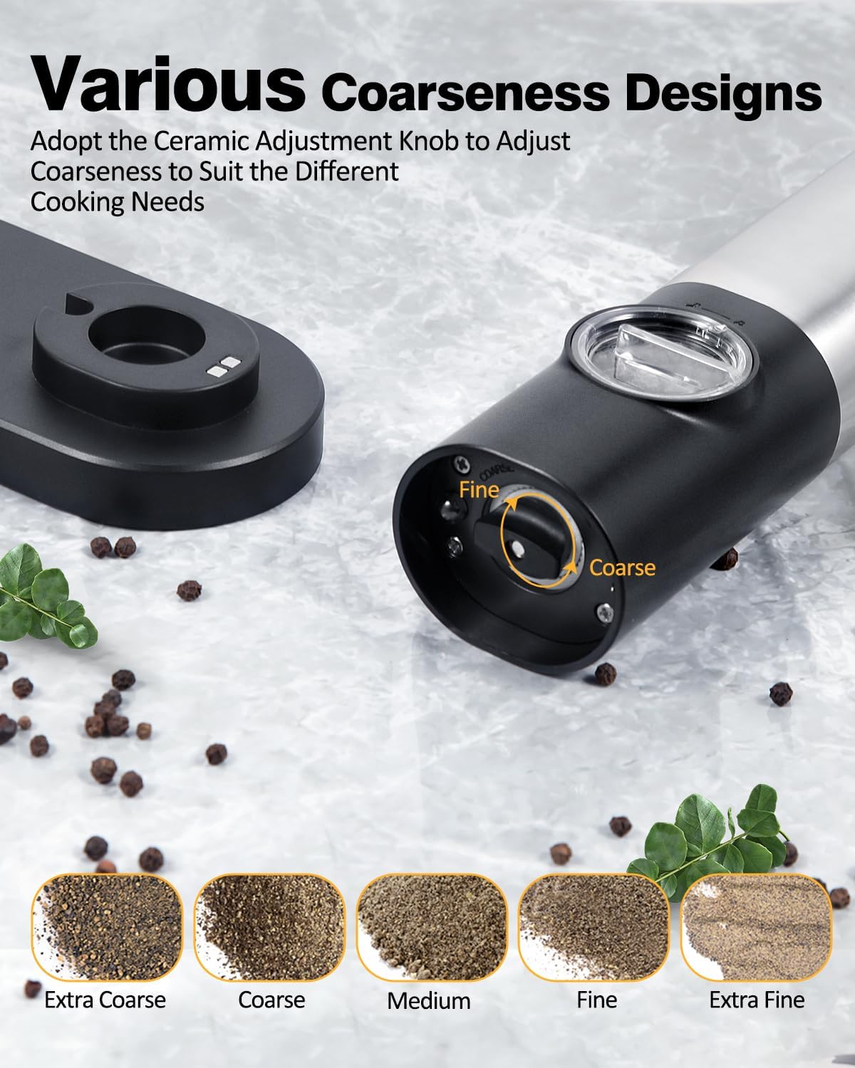 Set 2 Rasnite electrice sare, piper sau alte condiment, control pentru finetea macinarii, stand incarcare, camere depozitare transparente, Lumina LED, reincarcabile, din otel inoxidabil, pentru bucatarie si gratar