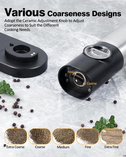 Set 2 Rasnite electrice sare, piper sau alte condiment, control pentru finetea macinarii, stand incarcare, camere depozitare transparente, Lumina LED, reincarcabile, din otel inoxidabil, pentru bucatarie si gratar
