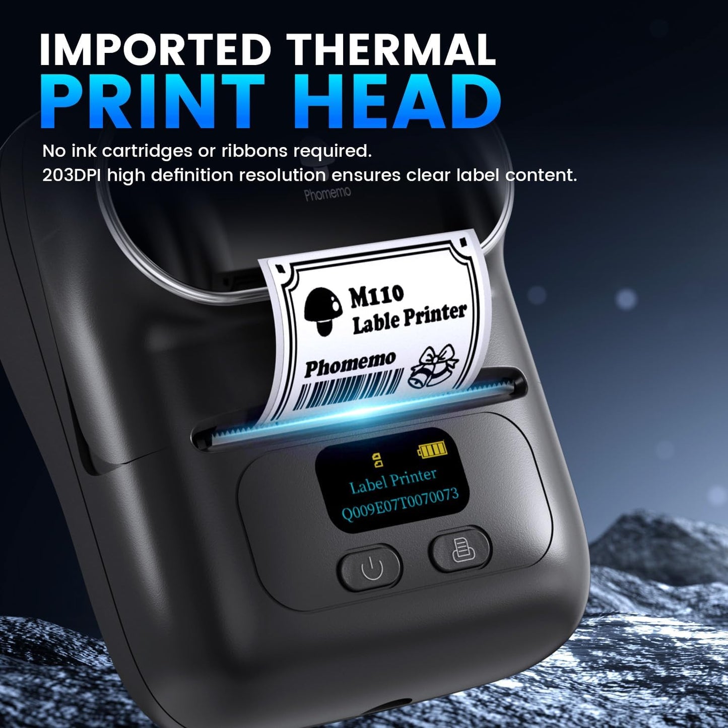 Imprimanta termica Bluetooth portabila, printare etichete 20-50 mm, cu display, 203dpi, acumulator 1500 mAh, aplicatie dedicata, compatibil iOS si Android, neagra