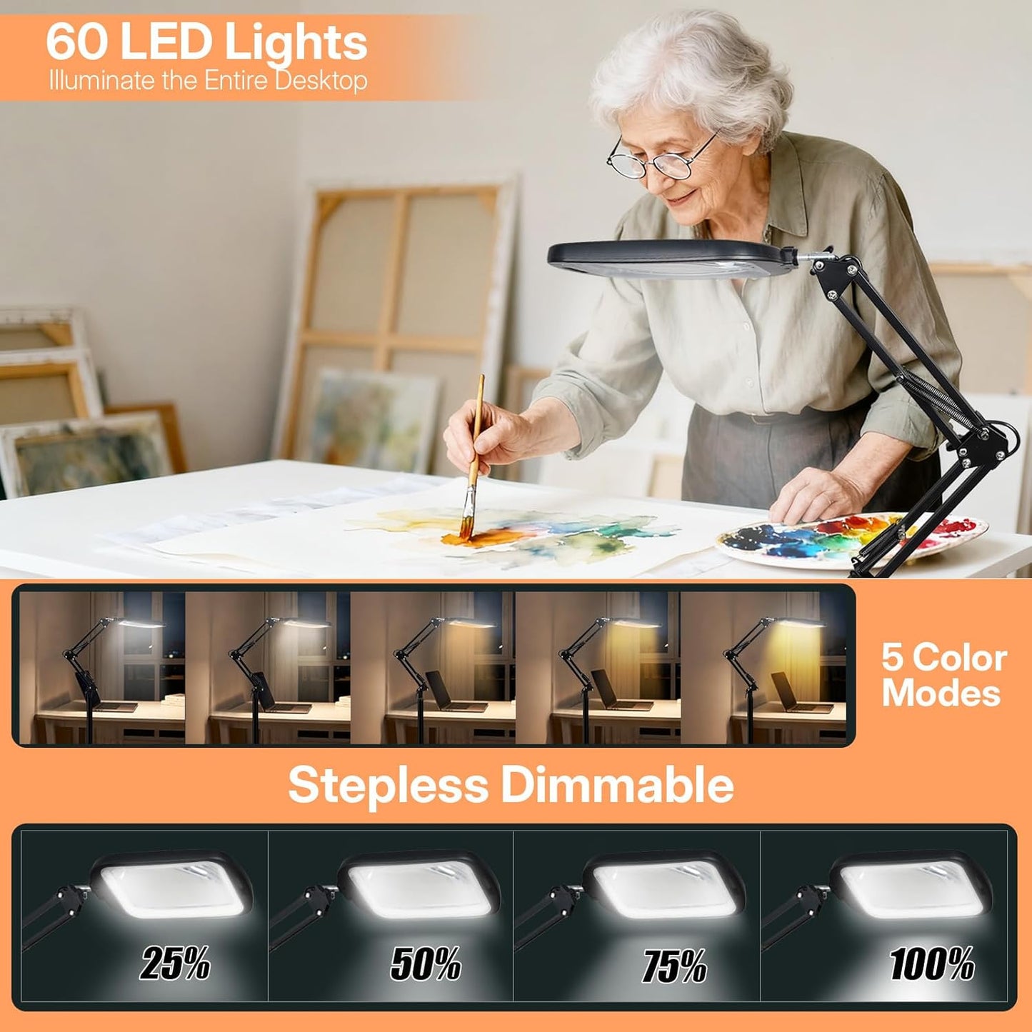 Lupa 2 in 1 cu lumina LED 10× si stativ, lampa de podea cu suport reglabil, 60 LED-uri, 5 temperaturi culoare, luminozitate reglabila, multifuncionala