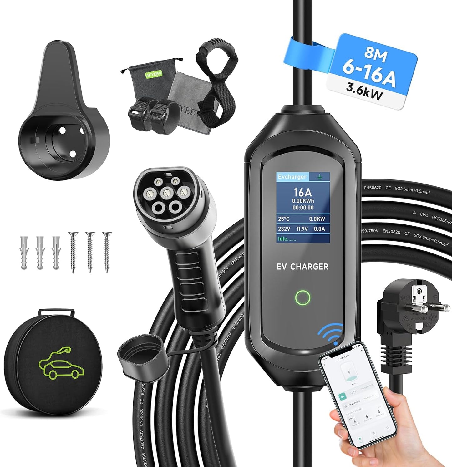 Statie de incarcare portabila pentru masini electrice cu cablu Type 2, cablu de incarcare EV, 8 m, 3,6 kW, 6A-16A, IEC 62196-2, Schuko, impermeabil IP 66, afisaj LCD, cu geanta de depozitare si transport