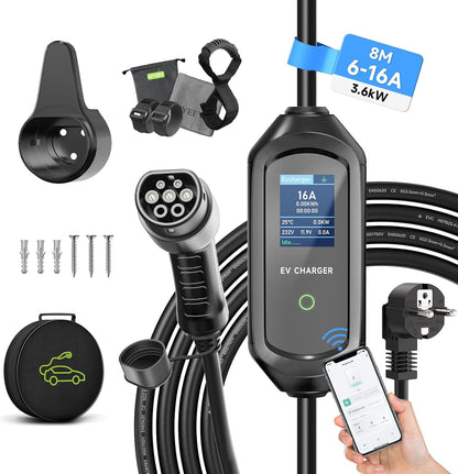 Statie de incarcare portabila pentru masini electrice cu cablu Type 2, cablu de incarcare EV, 8 m, 3,6 kW, 6A-16A, IEC 62196-2, Schuko, impermeabil IP 66, afisaj LCD, cu geanta de depozitare si transport