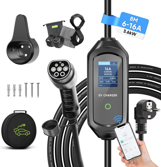 Statie de incarcare portabila pentru masini electrice cu cablu Type 2, cablu de incarcare EV, 8 m, 3,6 kW, 6A-16A, IEC 62196-2, Schuko, impermeabil IP 66, afisaj LCD, cu geanta de depozitare si transport