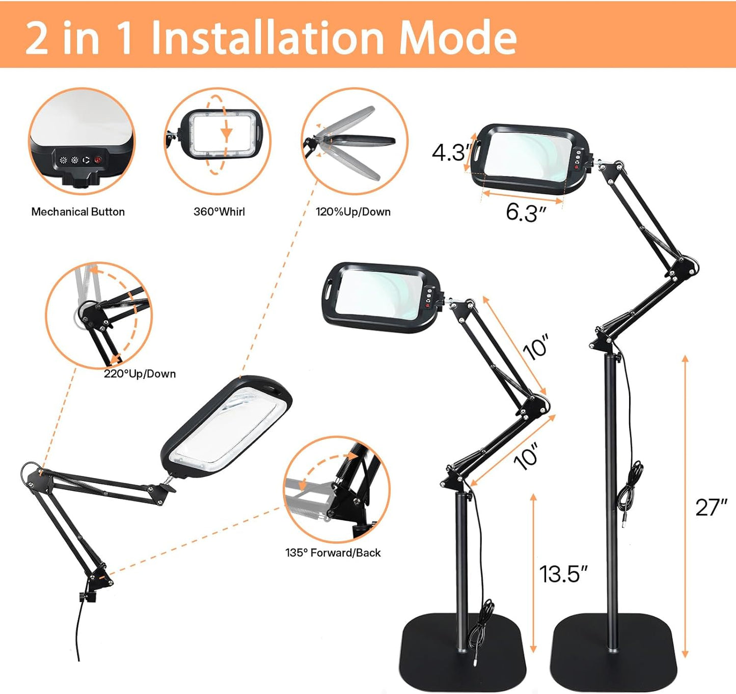 Lupa 2 in 1 cu lumina LED 10× si stativ, lampa de podea cu suport reglabil, 60 LED-uri, 5 temperaturi culoare, luminozitate reglabila, multifuncionala