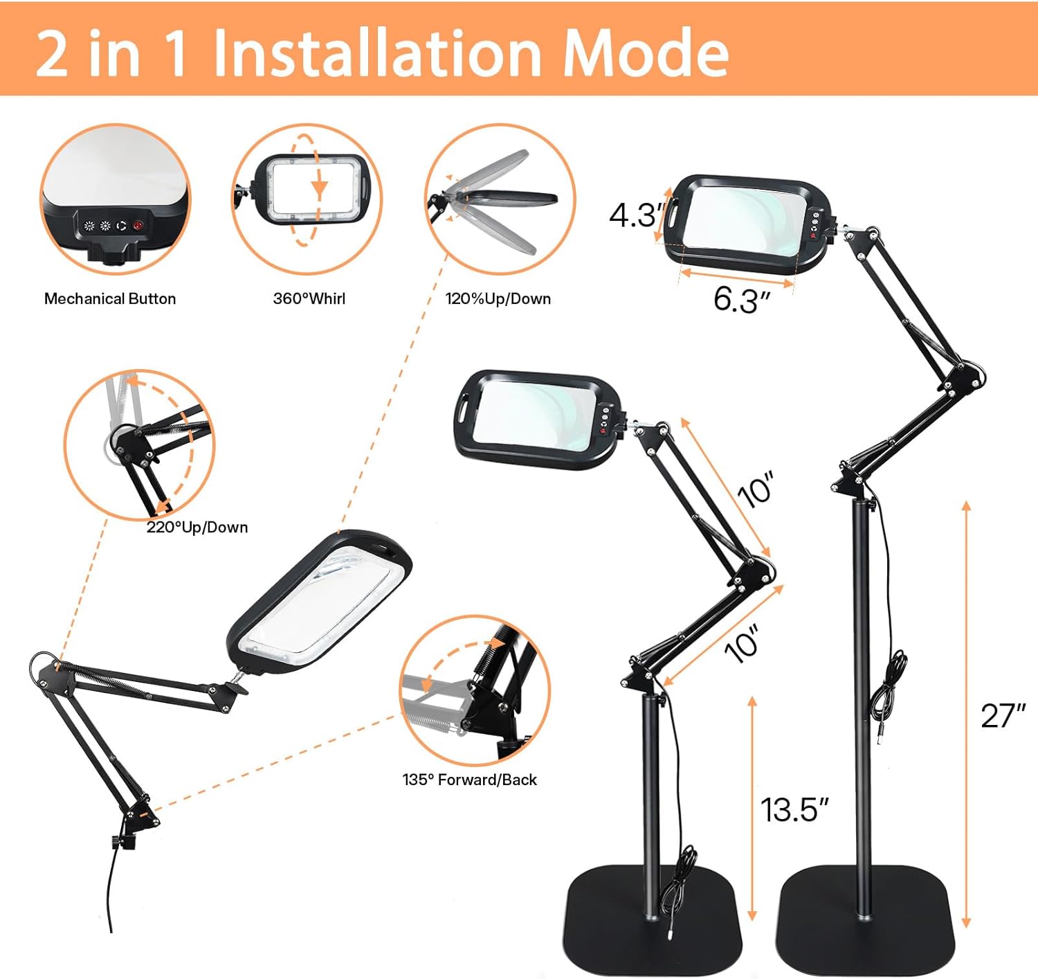 Lupa 2 in 1 cu lumina LED 10× si stativ, lampa de podea cu suport reglabil, 60 LED-uri, 5 temperaturi culoare, luminozitate reglabila, multifuncionala