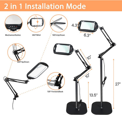Lupa 2 in 1 cu lumina LED 10× si stativ, lampa de podea cu suport reglabil, 60 LED-uri, 5 temperaturi culoare, luminozitate reglabila, multifuncionala