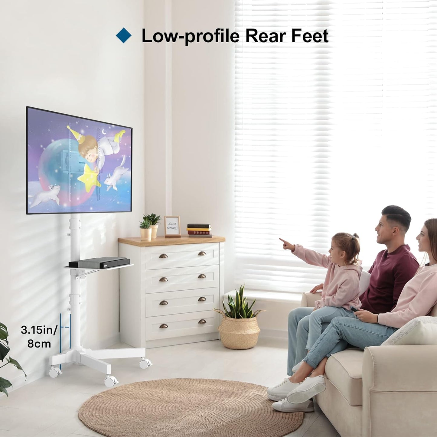Suport TV mobil BONTEC pe roti pentru televizoare de 23-60 inch, suport TV portabil cu raft pentru laptop, carucior TV rulant reglabil pe inaltime pana la 25 kg, max. VESA 400 x 400 mm (alb)
