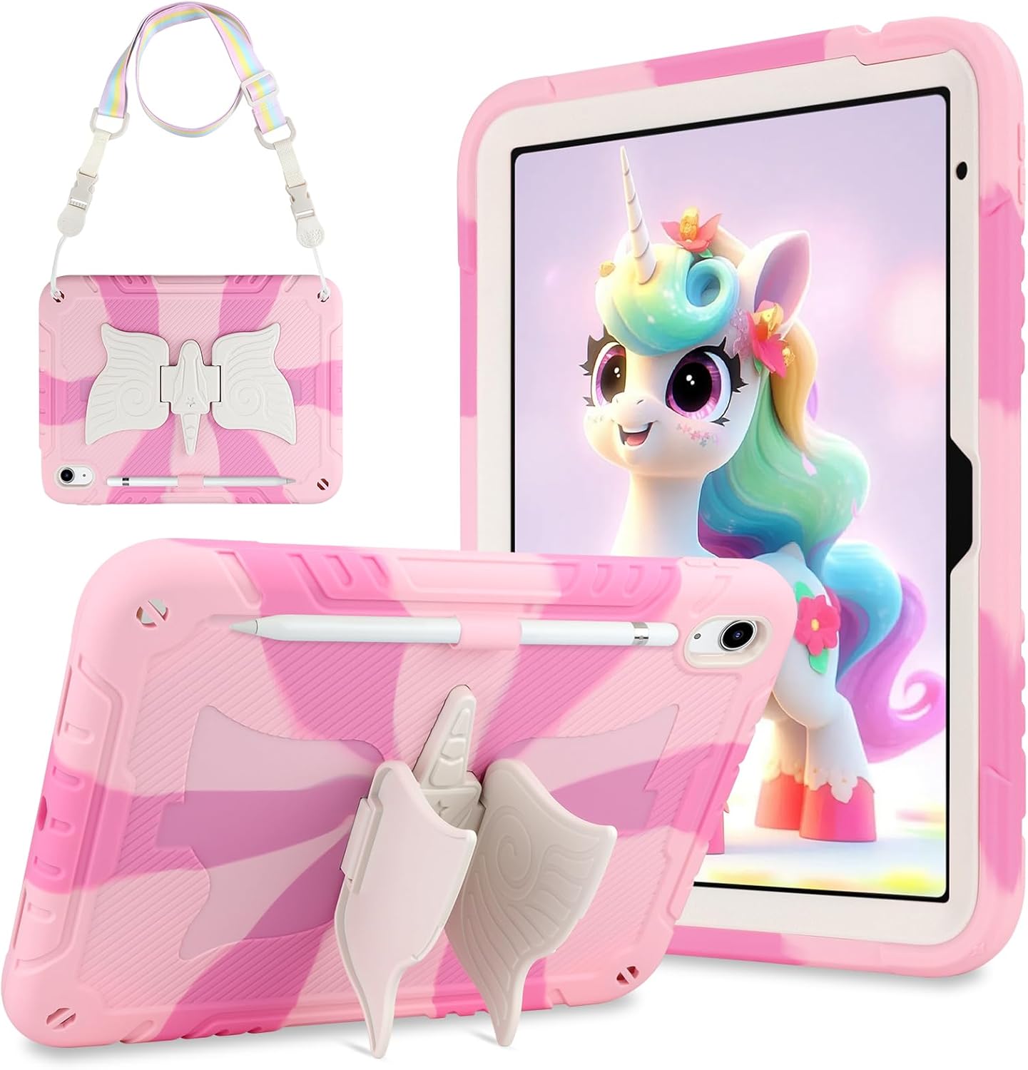 Husa compatibila cu iPad 10,9" generatia 11/10, 2025/2022, robusta, rezistenta la socuri, cu suport unicorn, curea de umar, suport pentru pix, roz