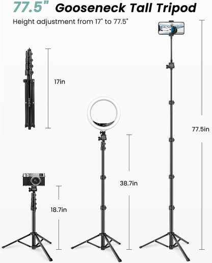 Trepied pentru telefon mobil si camera DSLR, inaltime 197 cm, trepied flexibil cu gat de lebada reglabil 25 cm, aluminiu robust, cap inclinabil 180°, telecomanda Bluetooth pentru selfie si filmari, suport pentru Vlogging, fotografie, streaming si YouTube