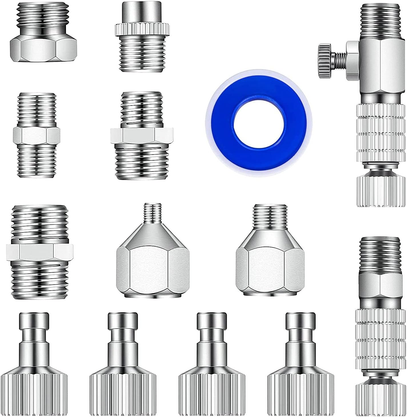 Set conectori cupla rapida aer, pentru aerograf, 14 piese, 1 x adaptor cuplare rapida cu robinet, 7 tipuri conectori BSP 1/4 inch, 1/8 inch si M5, cu banda de teflon, pentru compresor si furtun airbrush
