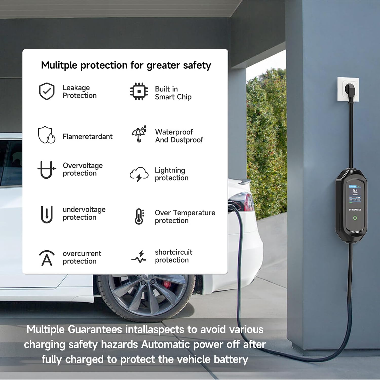 Statie de incarcare portabila pentru masini electrice cu cablu Type 2, cablu de incarcare EV, 8 m, 3,6 kW, 6A-16A, IEC 62196-2, Schuko, impermeabil IP 66, afisaj LCD, cu geanta de depozitare si transport