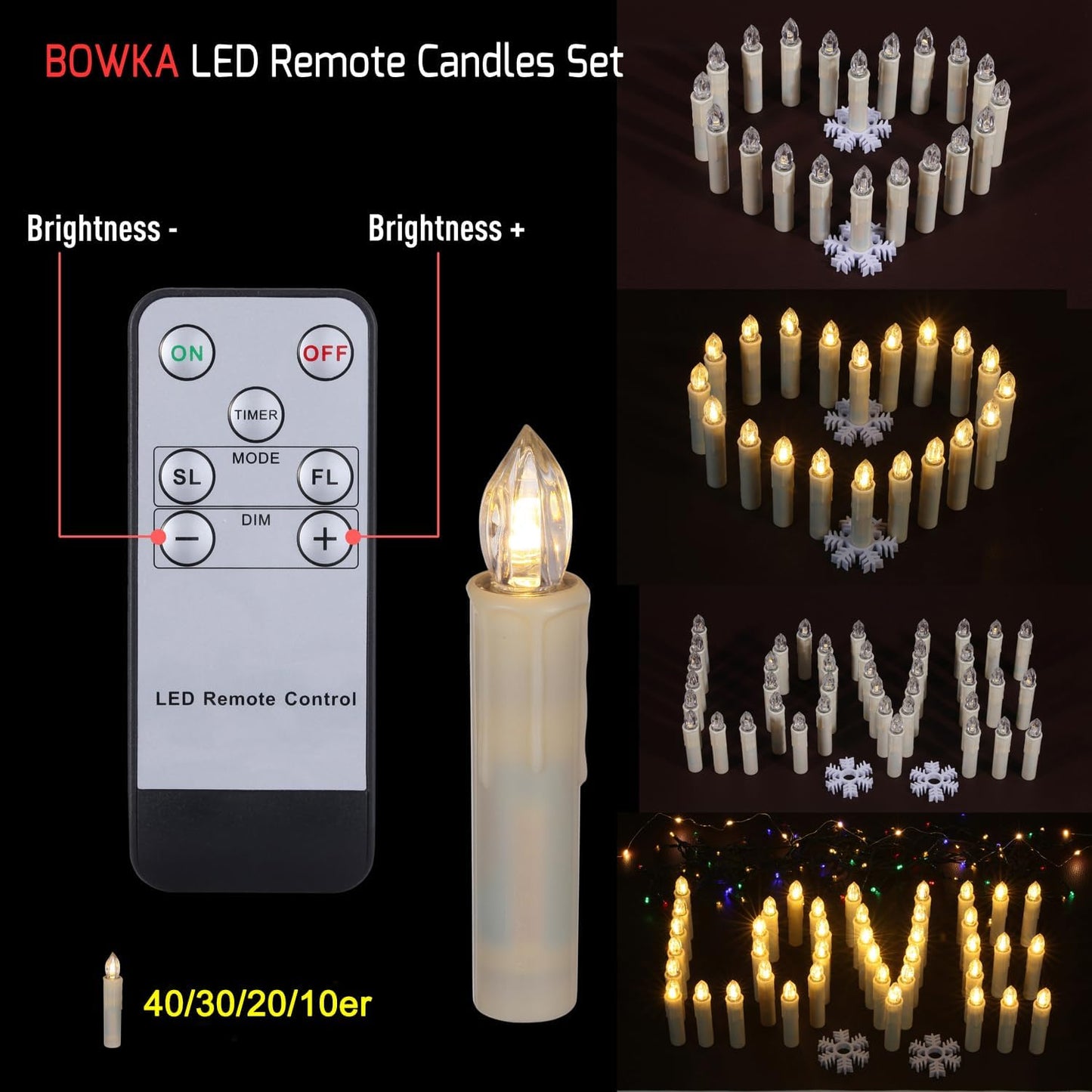 Set 40 lumanari LED cu telecomanda, impermeabile IP64, dimabile cu 5 niveluri si 3 moduri luminozitate, functie de temporizator, cu prindere tip clema, tarus, ventuza sau suport, baterii, pentru Halloween, Craciun, nunta, petrecere, decoratiuni de gradina