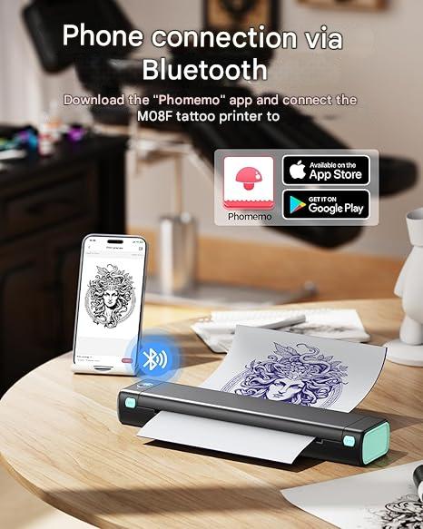 Imprimanta termica portabila pentru tatuaje, Bluetooth, USB, cu 10 hartii de transfer, acumulator 1200 mAh, printare termica directa, fara tus, conectare prin aplicatie, compatibila Android/iOS/Windows/MacOS/ChromeOS