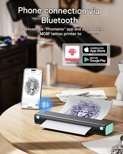 Imprimanta termica portabila pentru tatuaje, Bluetooth, USB, cu 10 hartii de transfer, acumulator 1200 mAh, printare termica directa, fara tus, conectare prin aplicatie, compatibila Android/iOS/Windows/MacOS/ChromeOS