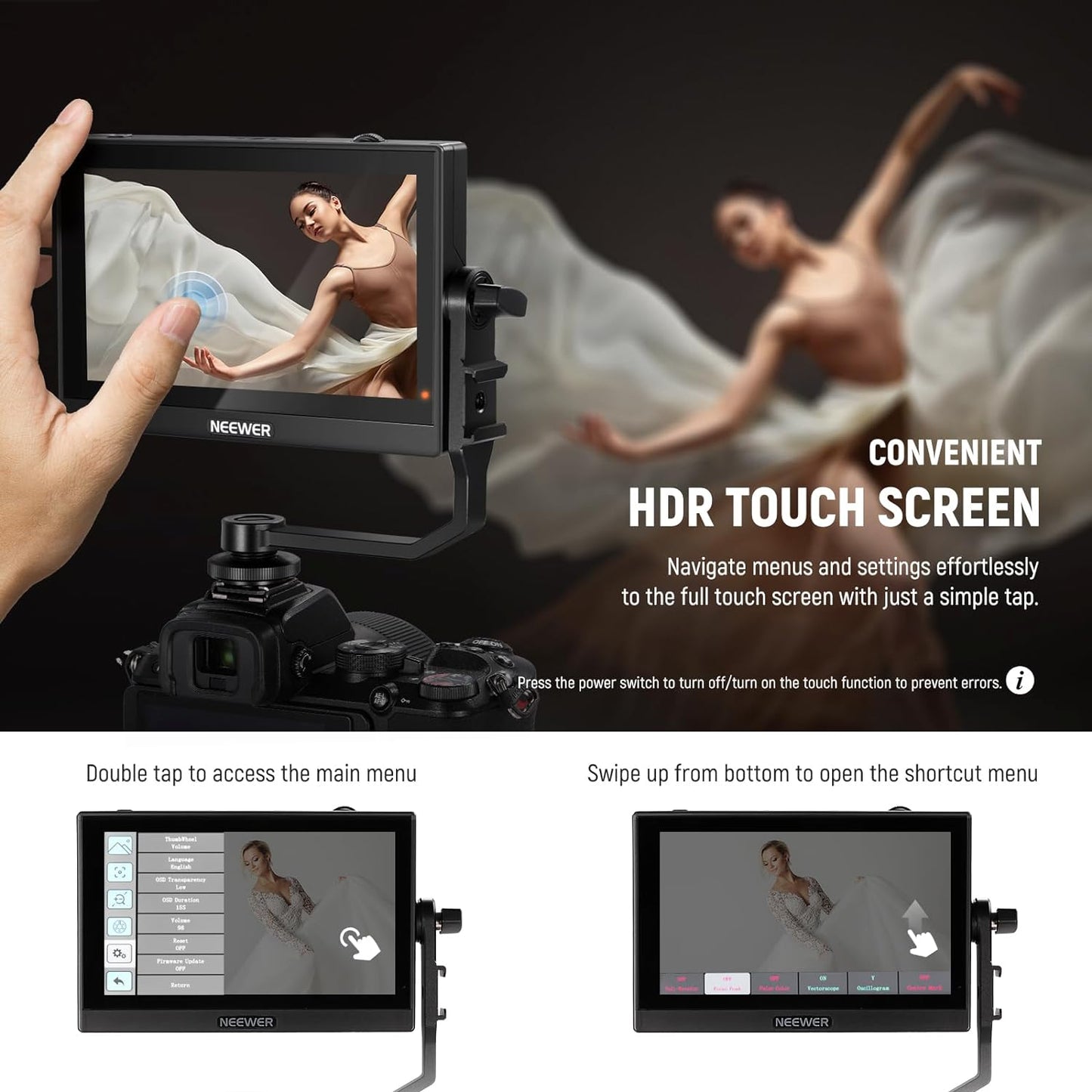 Set monitor video de teren 5.5 inch, 3D LUT, Touchscreen IPS Full HD 1920 x 1080, HDR, HDMI Loop-in/out 4K, Full Waveform, Focus Peaking Assistant, cu acumulator NP-F550, incarcator si parasolar