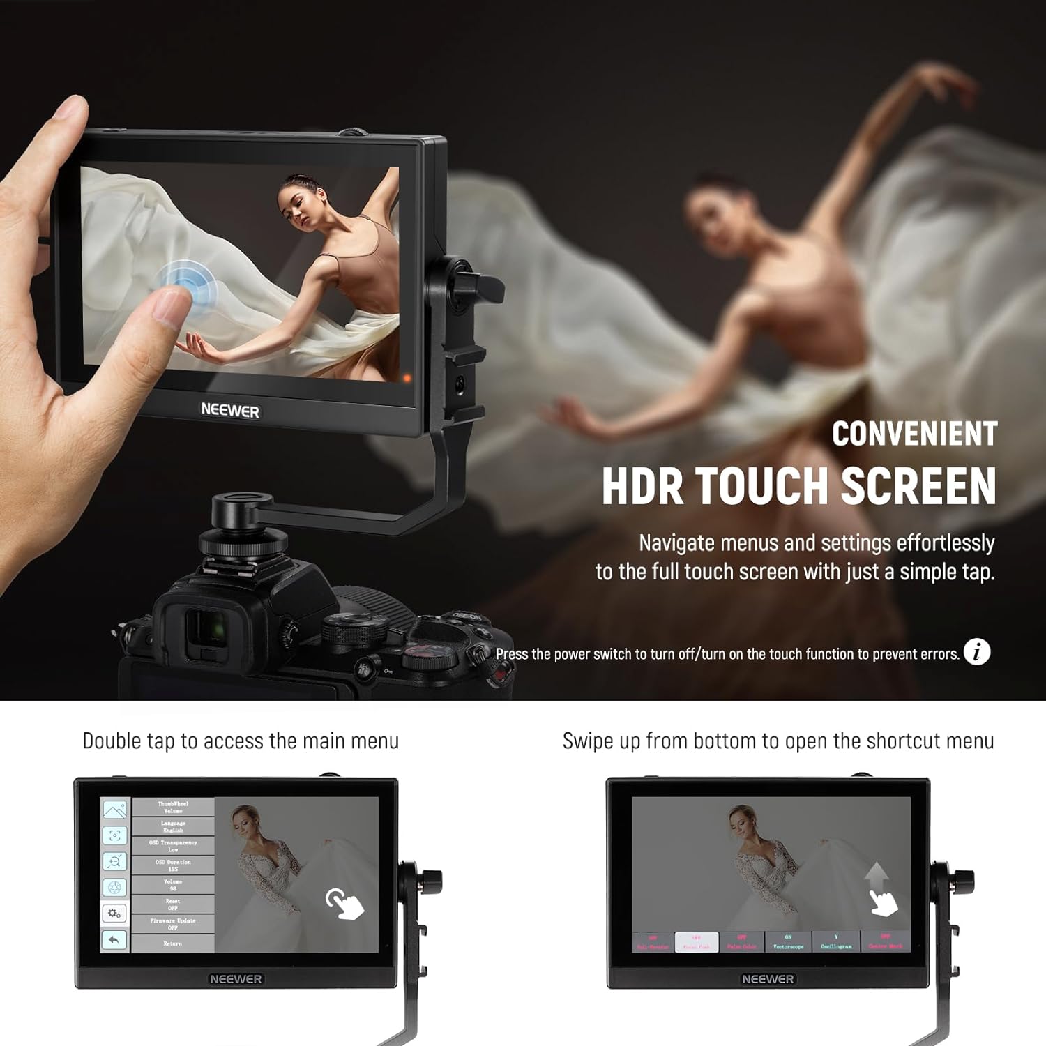 Set monitor video de teren 5.5 inch, 3D LUT, Touchscreen IPS Full HD 1920 x 1080, HDR, HDMI Loop-in/out 4K, Full Waveform, Focus Peaking Assistant, cu acumulator NP-F550, incarcator si parasolar