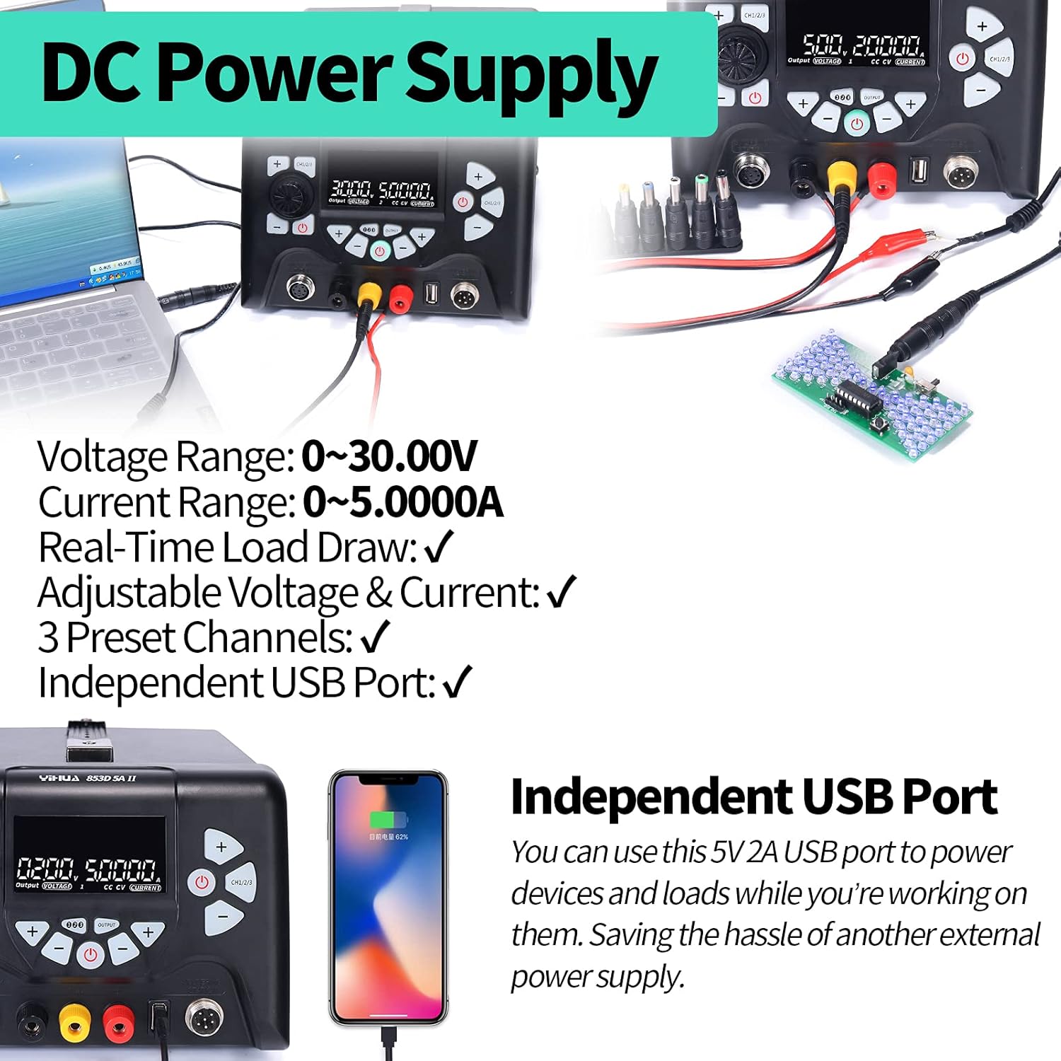 Statie de lipit si dezlipit 3 in 1 cu sursa de laborator reglabila 0-30V 0-5A, cu afisaj LCD, letcon, aer cald, temperatura reglabila, port USB, 3 canale memorie, multifunctionala