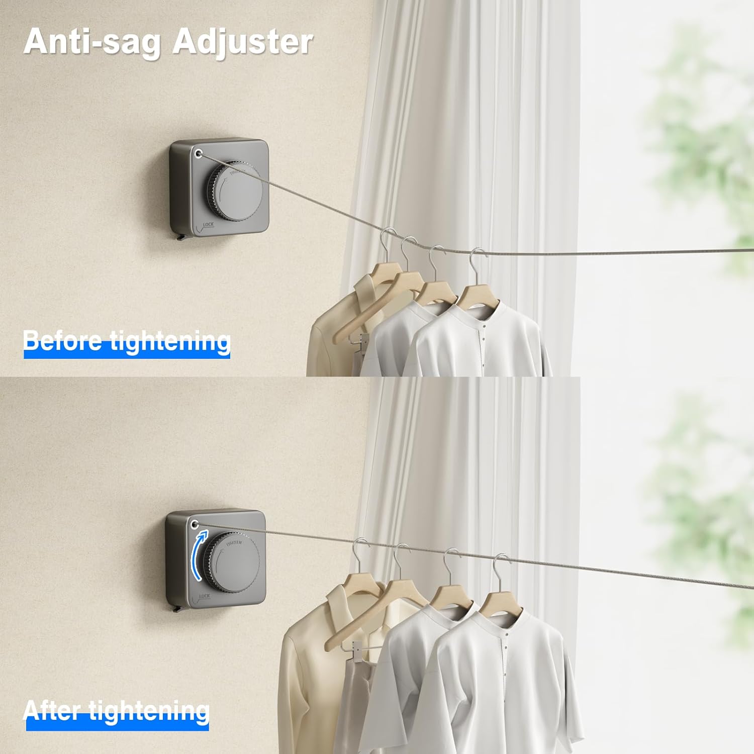 Sarma retractabila uscare rufe KD Home® FlexiCord 4.5m otel, suport 20kg, sistem tensionare reglabil, montaj cu suruburi sau adeziv, pentru interior, baie si balcon, gri, economisire spatiu
