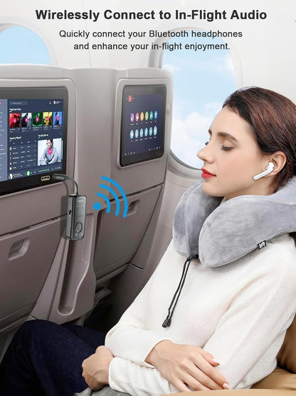 Adaptor transmitator AirFly cu Bluetooth, Dual Link, wireless, accepta 2 casti sau mufa AirPods, cu AUX 3.5 mm, latenta scazuta aptX, portabil, pentru TV, avion, masina (negru)