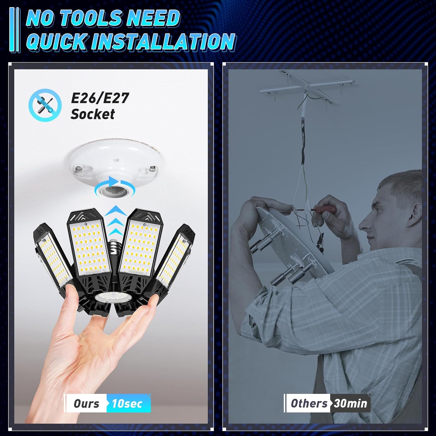 Lampa LED 210W, 21000lm, 6500K, 8+1 panouri reglabile 360°, dulie E27/E26, iluminare super puternica pentru atelier, depozit sau subsol, clasa energetica F
