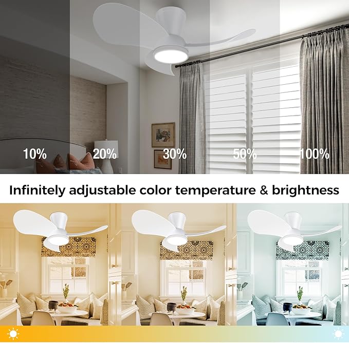 Ventilator de tavan cu iluminare, 6 viteze, 30 dB, diametru 76 cm, 3 temperaturi de culoare reglabile 3000 K/4500 K/6000 K, cu functie de temporizare, telecomanda, panou luminos LED 20 W 1800 lm, functie vara-iarna, alb