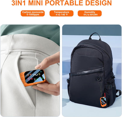 Detector portabil de CO – monoxid de carbon cu afisaj temperatura si umiditate, portabil pentru calatorii si camping, portocaliu