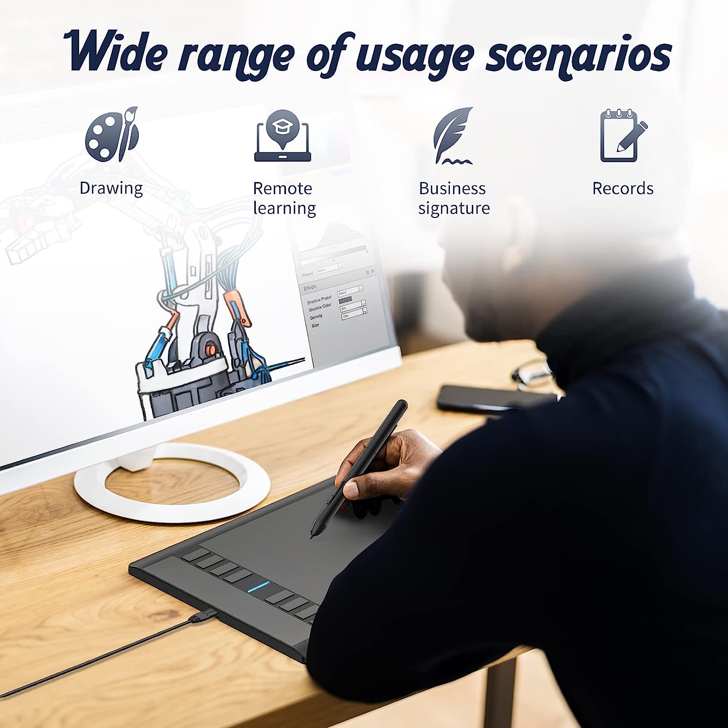 Tableta grafica Ugee M708, cu stilou pasiv, 8192 puncte de presiune, 266RPS, 10 x 6 inch, neagra