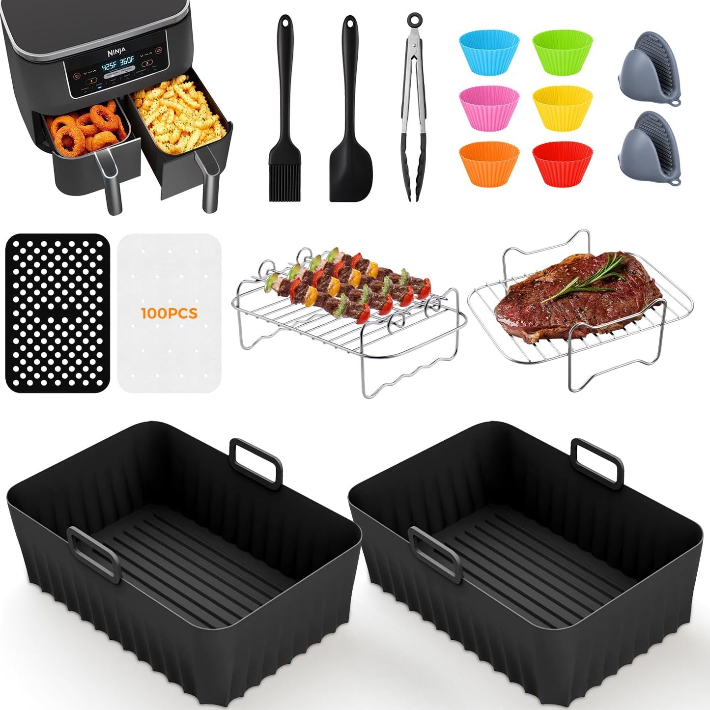Set 17 accesorii pentru friteuza cu aer cald Ninja Foodi AF300EU, AF400EU, AF500EU, dual zone 7.6L-9.5L, silicon alimentar fara BPA si inox 304, 2 insertii silicon, gratar pentru gatit si frigarui, forme briose, manusi, cleste si 100 foi hartie de copt