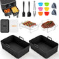Set 17 accesorii pentru friteuza cu aer cald Ninja Foodi AF300EU, AF400EU, AF500EU, dual zone 7.6L-9.5L, silicon alimentar fara BPA si inox 304, 2 insertii silicon, gratar pentru gatit si frigarui, forme briose, manusi, cleste si 100 foi hartie de copt