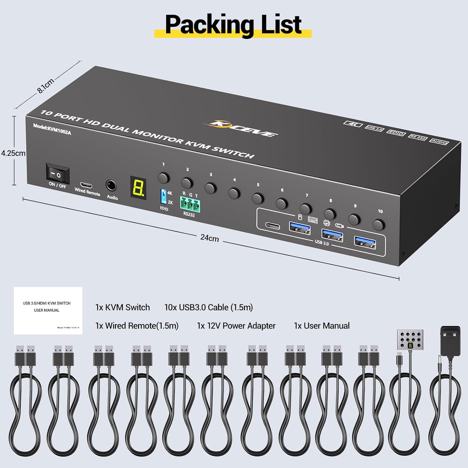 Switch KVM HDMI MLEEDA, 10 porturi pentru 10 PC-uri si 2 monitoare, dual monitor, rezolutie 4K Ultra HD 60Hz, 4 porturi USB 3.0, simulare EDID, audio, RS232, telecomanda cu fir, alimentare 12V/2A, compatibil Windows/Linux, negru