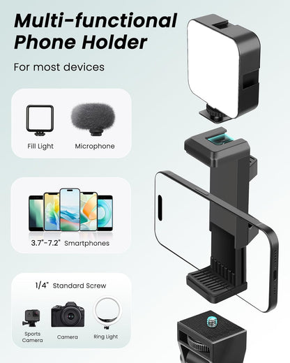 Trepied pentru telefon mobil si camera DSLR, inaltime 197 cm, trepied flexibil cu gat de lebada reglabil 25 cm, aluminiu robust, cap inclinabil 180°, telecomanda Bluetooth pentru selfie si filmari, suport pentru Vlogging, fotografie, streaming si YouTube