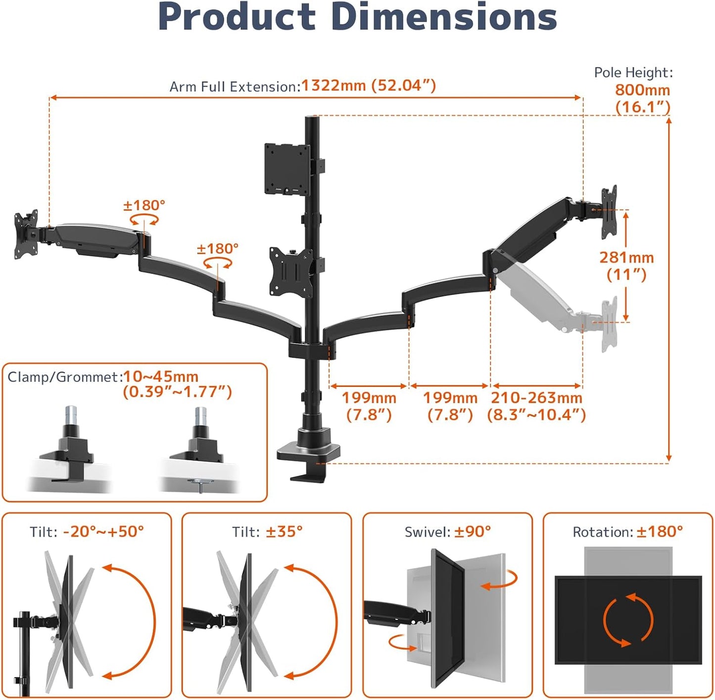 Suport 4 monitoare PUTORSEN pentru birou, 1x49 inch, 3x27 inch, VESA 75 x 100, pentru monitoare plate si curbate, brate reglabile cu arc, inaltime reglabila 80 cm, rotire, inclinare si pivotare, montare cu clema sau grommet