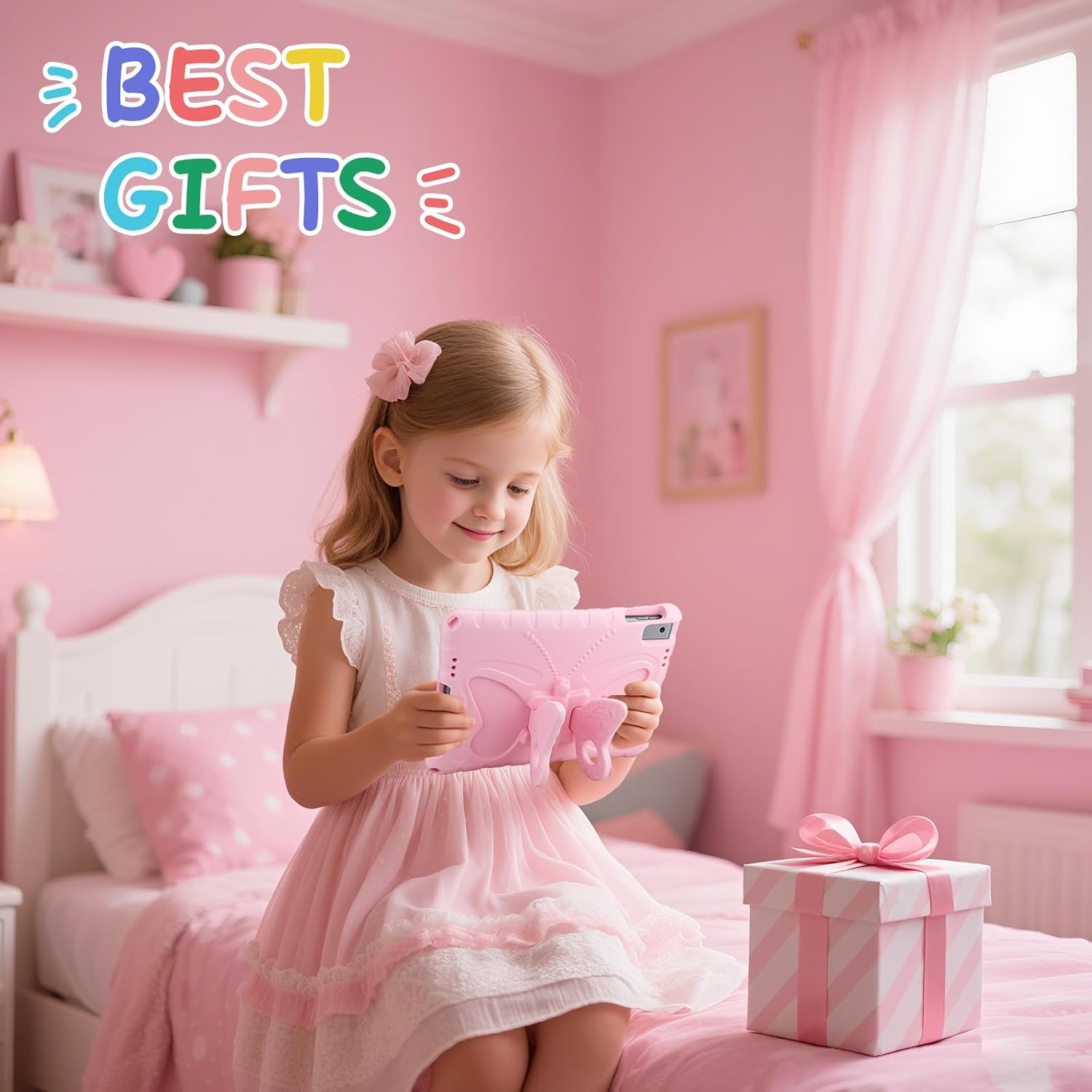 Husa pentru iPad a 9-a/a 8-a/a 7-a generatie, 10,2 inch, 2021/2020/2019, pentru copii , roz, rezistenta la socuri, cu suport tip fluture si curea de umar