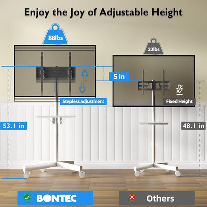 Suport TV mobil BONTEC pe roti pentru televizoare de 23-60 inch, suport TV portabil cu raft pentru laptop, carucior TV rulant reglabil pe inaltime pana la 25 kg, max. VESA 400 x 400 mm (alb)