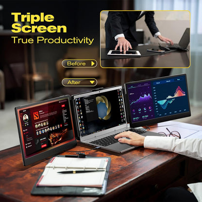 Monitoare portabile 14 inch, IPS 1080P Full HD, HDR,16:9, trei ecrane, pentru laptop, cu USB-C, functie Mirror si Extend, Plug & Play, cu stand ajustabil si difuzor incorporat, pentru Mac, Windows, Chrome, KEFEYA