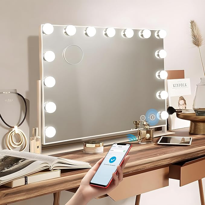 Oglinda cosmetica cu difuzor Bluetooth, oglinda machiaj cu lumini LED dimabile, temperatura reglabila rece-naturala-calda, butoane cu touch si port USB, rotativa 360°, alba