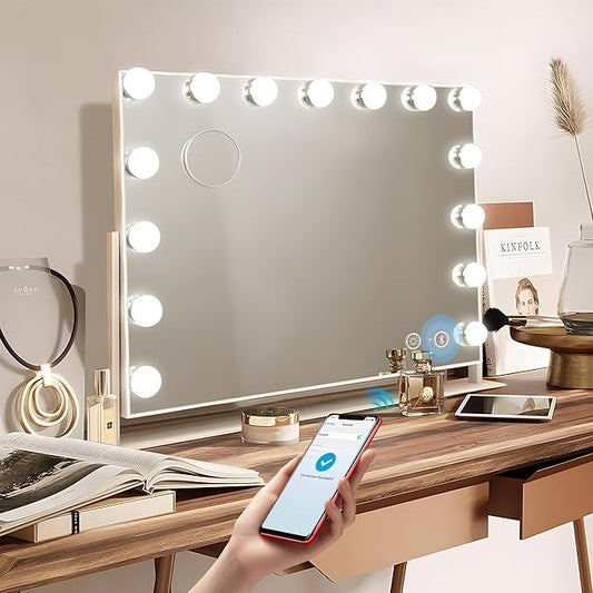 Oglinda cosmetica cu difuzor Bluetooth, oglinda machiaj cu lumini LED dimabile, temperatura reglabila rece-naturala-calda, butoane cu touch si port USB, rotativa 360°, alba