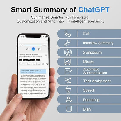 Reportofon cu traducator cu Chat GPT, inteligenta AI, 64 GB, 104 limbi, accepta rezumat, Bluetooth, prin aplicatie, microfon incorporat, sunet stereo, reducere a zgomotului, compatibil Android, iOS, Mac, Windows