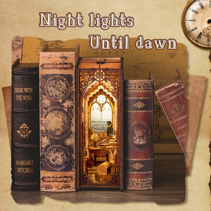 Puzzle 3D Cotor de carte DIY, Cu lumina LED, Stil retro, Suport carti Book Nook Sailing Memory, Cutefun BK02