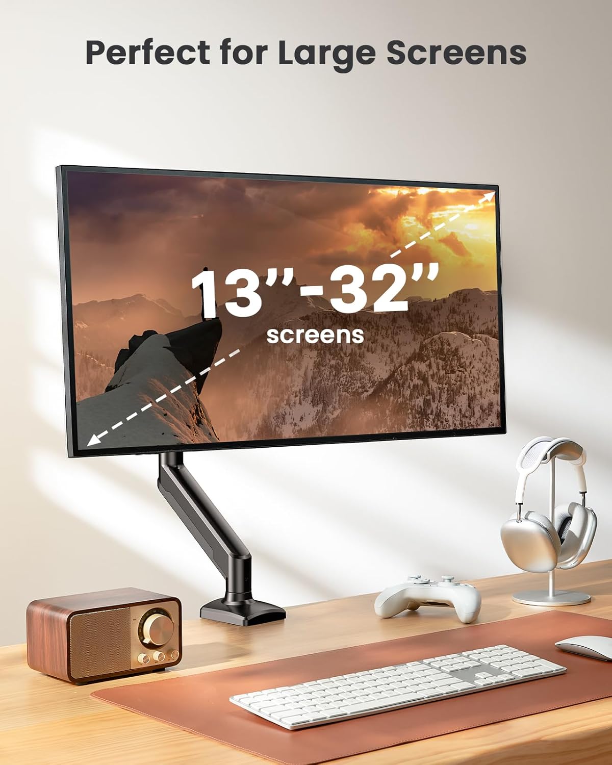 Suport monitor ErGear, brat reglabil 13–34 inch, max 10 kg, VESA 75x75/100x100 mm, montare pe birou cu clema sau traversa, rotatie 360°, inclinare -35°/+90°, pivotare ±90°, reglaj inaltime 44,5 cm, gaming si birou, negru