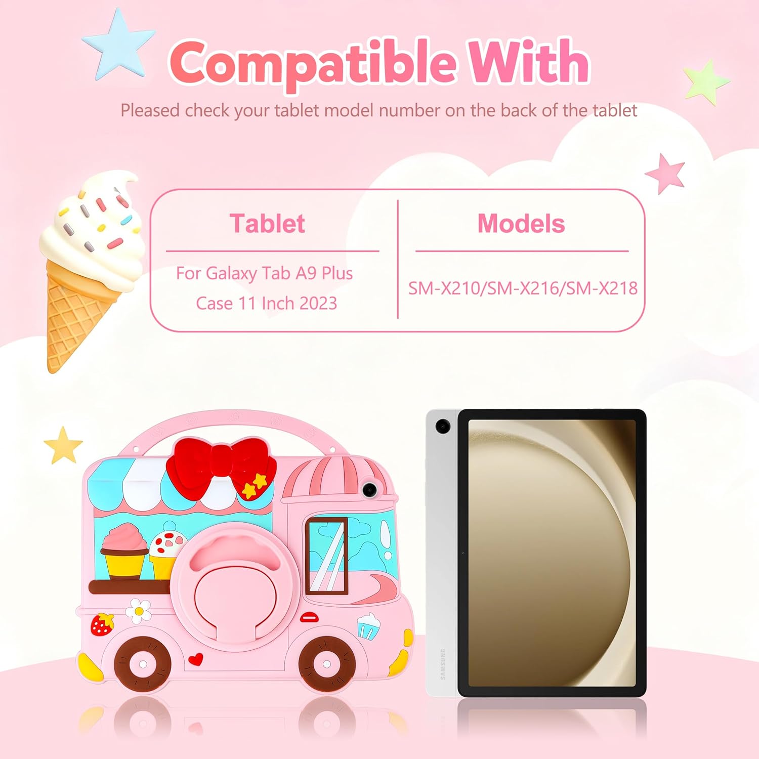 Husa de protectie pentru Samsung Galaxy Tab A9 Plus –  3D roz, din silicon, rezistenta la socuri, cu suport rotativ 360°, maner si curea de umar, pentru copii si fete