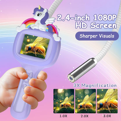 Camera endoscopica pentru copii 1080P cu ecran de 2.4 inch, LED reglabil, IP67 impermeabila, cablu flexibil 1m, zoom 3X, USB-C, jucarie STEM educativa pentru explorare natura, violet