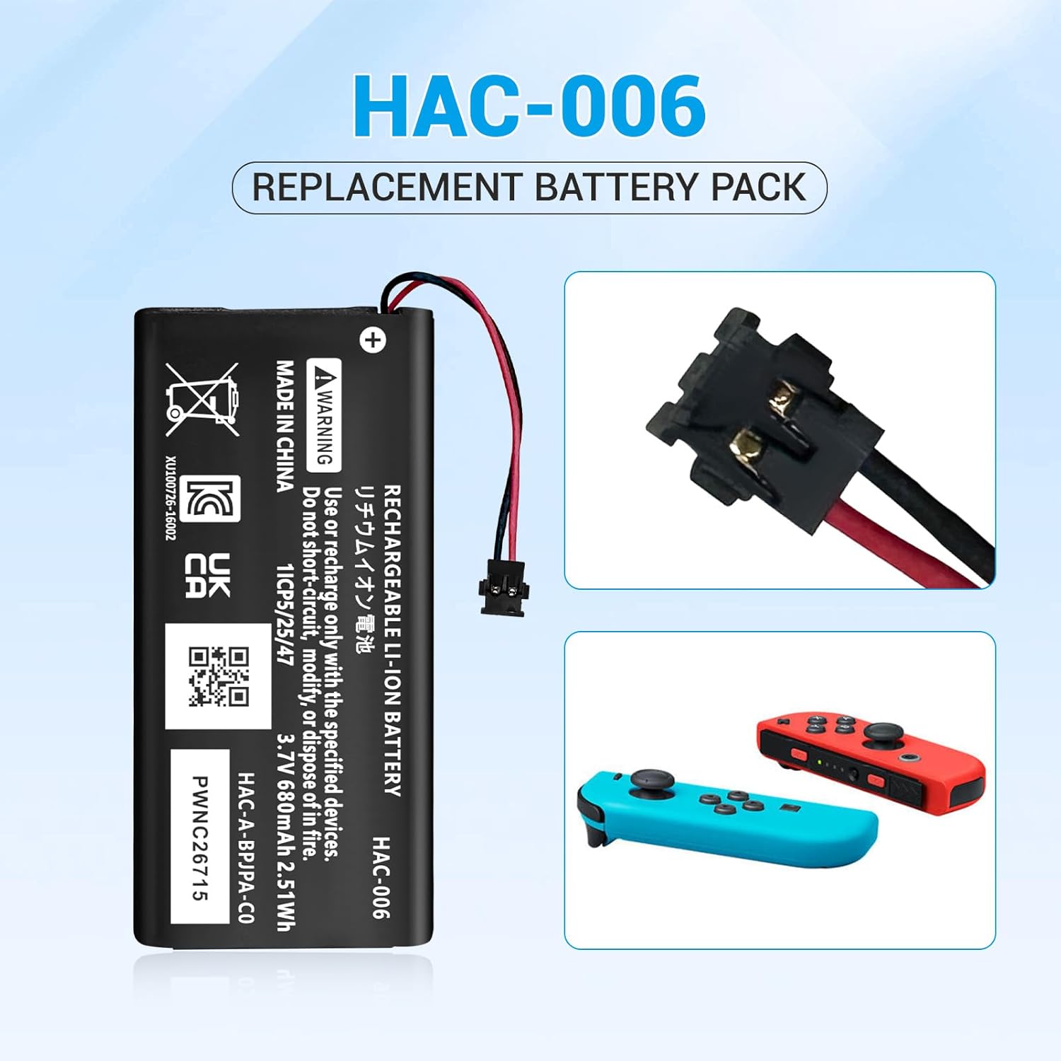 Set 2 acumulatori 680 mAh pentru Nintendo Switch Joy-Con L/R, compatibile HAC-015 / HAC-016, Li-Polymer, include 2 acumulatori + surubelnita